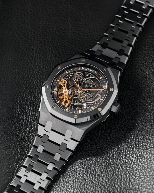 Royal Oak Openworked, black ceramic — openworked dial close-up