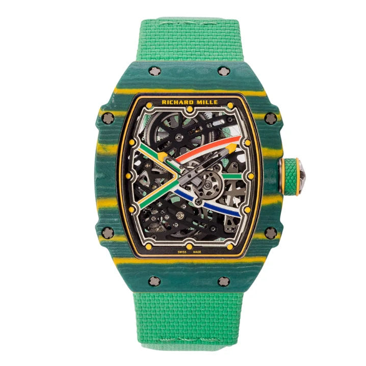 RM67-02 — green quartz TPT case, skeleton dial, green strap, front view