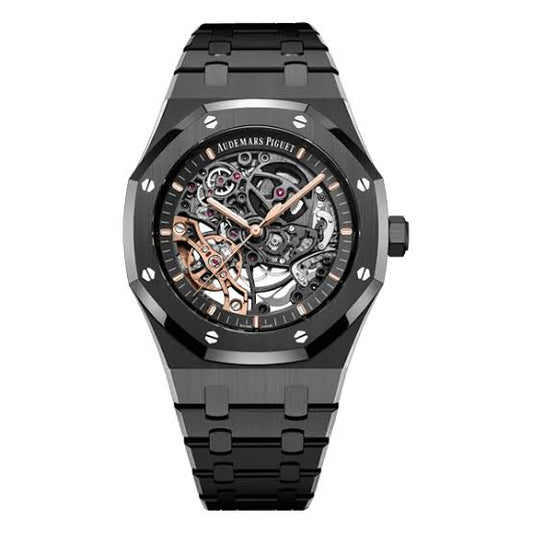 Royal Oak Openworked — black ceramic case, skeleton dial, front view