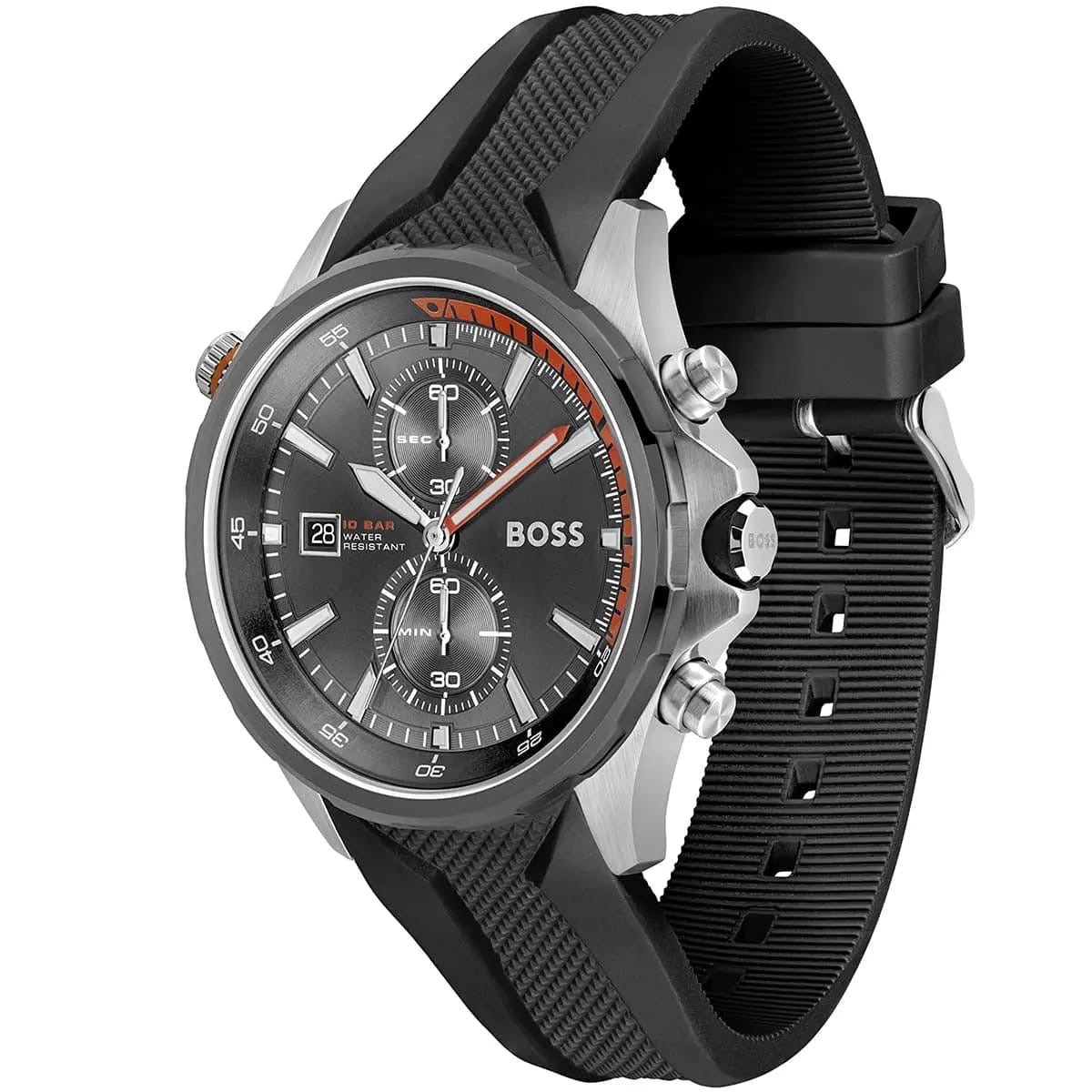 Hugo Boss watch — angled view of the grey textured dial and orange minute hand