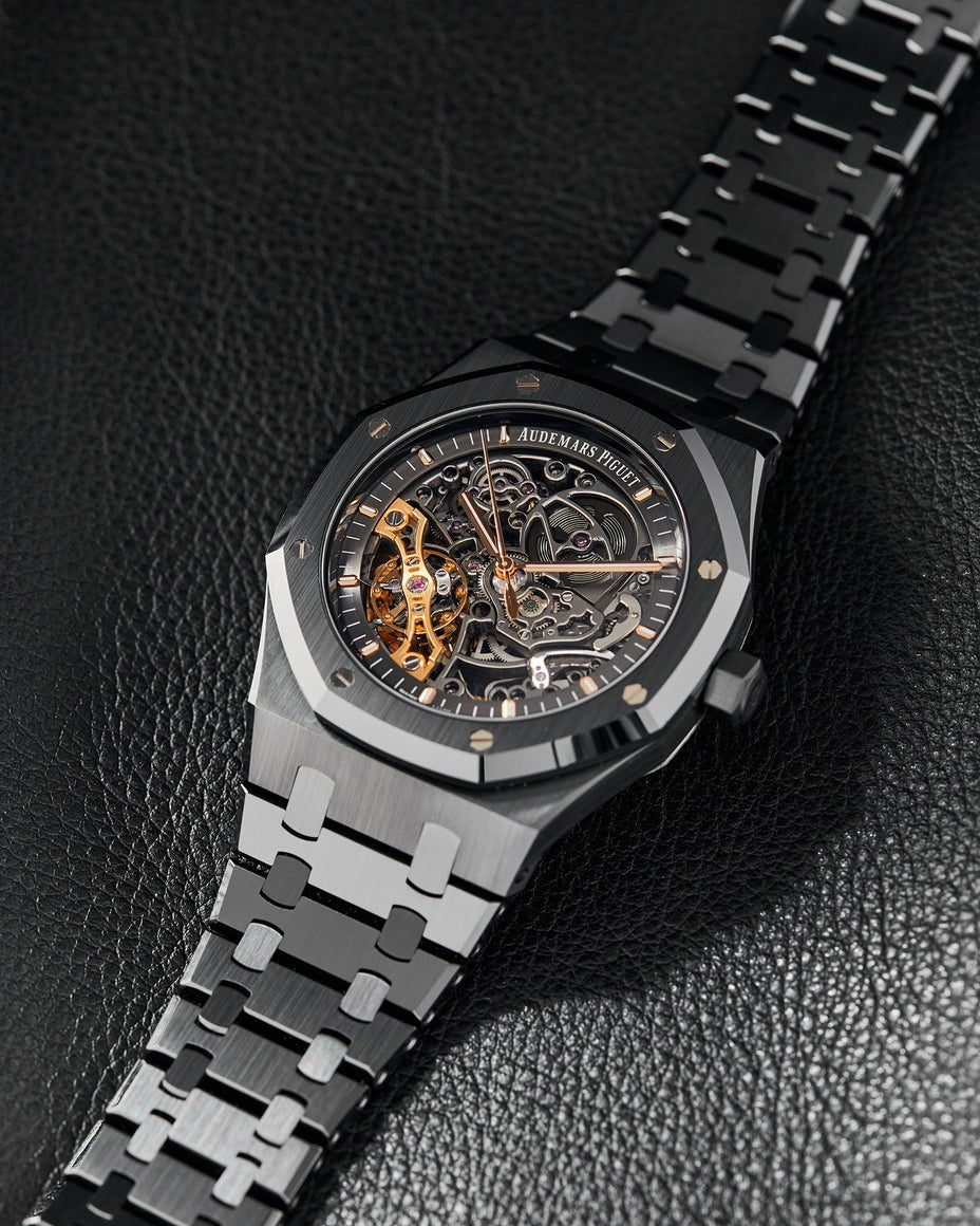 Royal Oak Openworked, black ceramic — openworked dial close-up