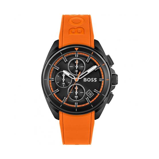 Hugo Boss watch with orange strap — front view of the dial and case