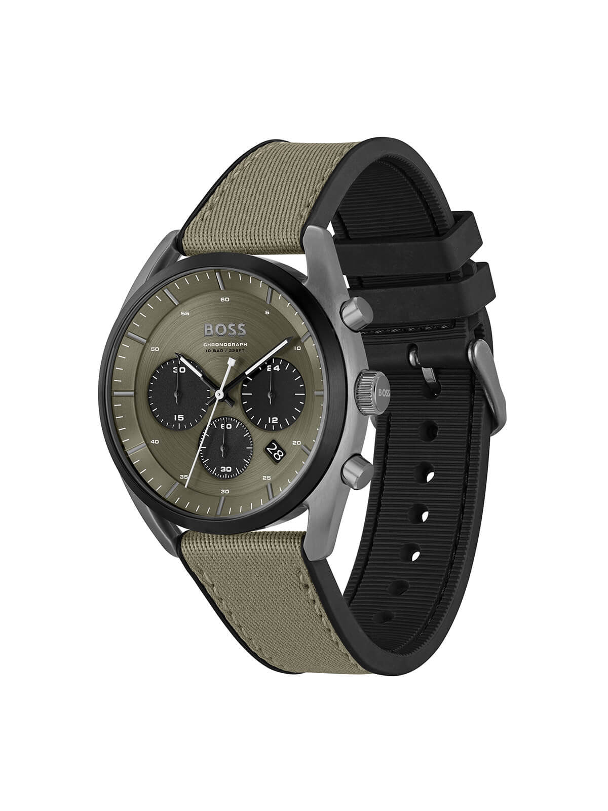 Hugo Boss chronograph, khaki green — dial and three counters close-up