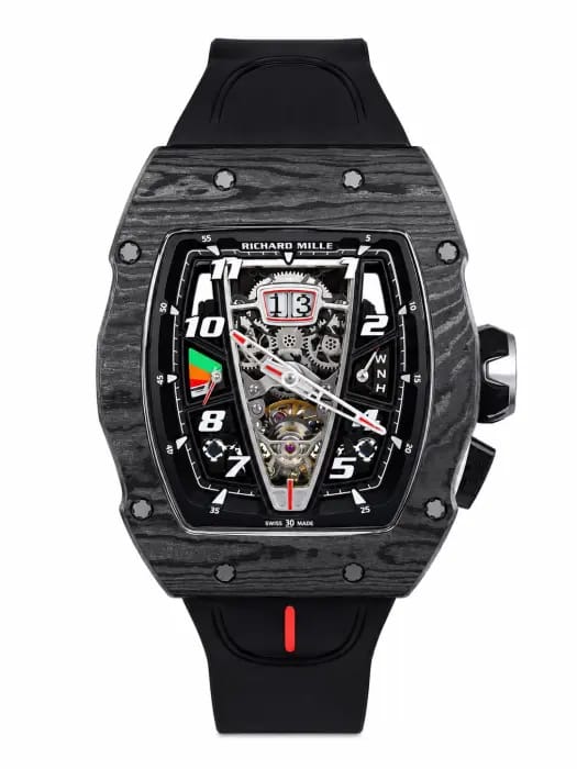 RM 40-01 McLaren — black carbon-look case, skeleton dial, black strap, front view
