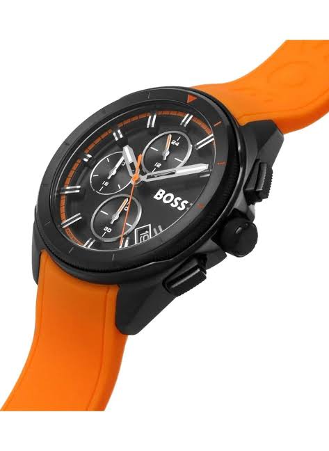 Hugo Boss watch with orange strap — case profile and crown