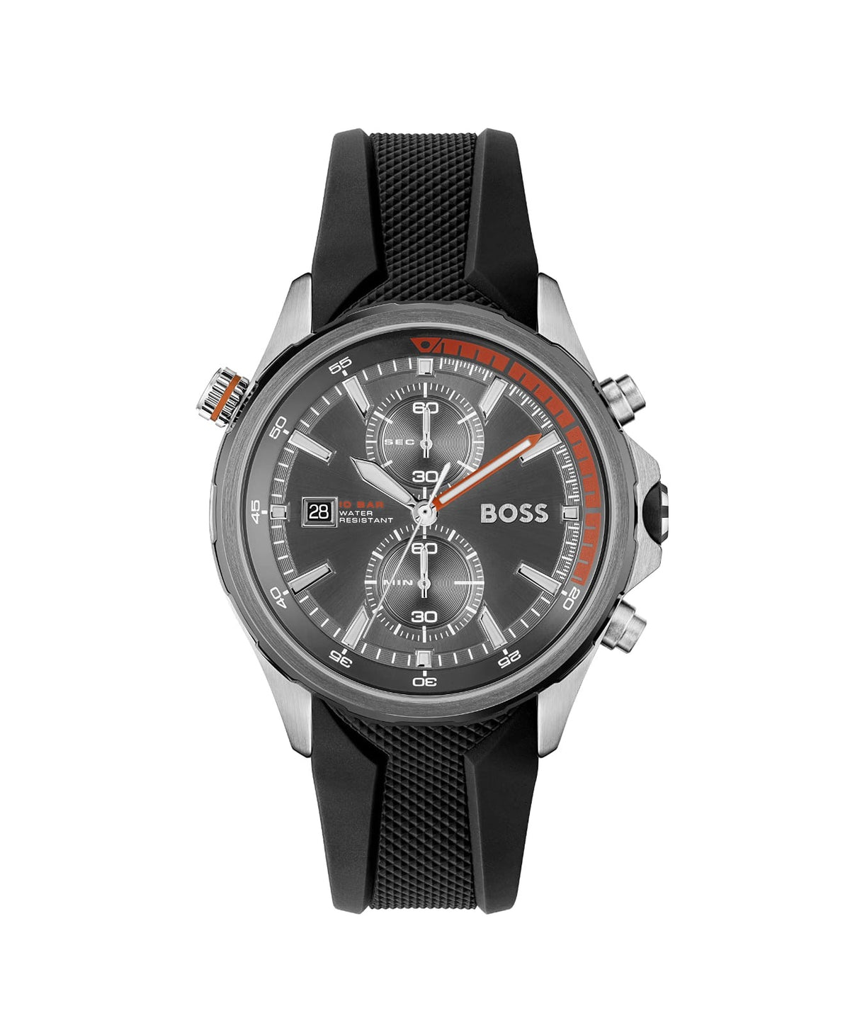 Hugo Boss watch — grey woven dial with orange accents, black silicone strap, front view
