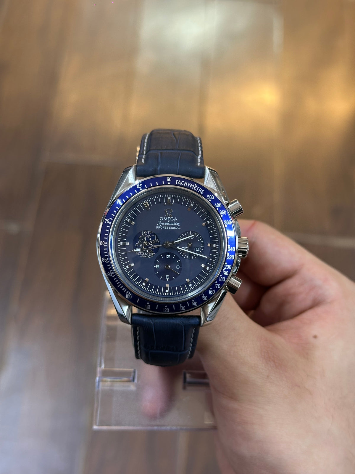 Speedmaster 44.25mm titanium — dial and two sub-dials close-up