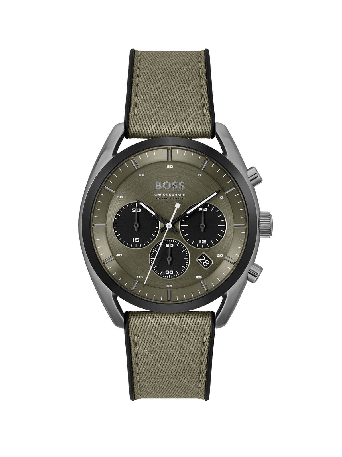 Hugo Boss chronograph — khaki green dial, gunmetal case, fabric strap, front view
