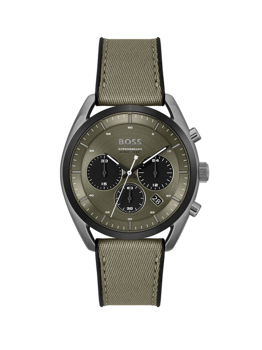 Hugo Boss chronograph — khaki green dial, gunmetal case, fabric strap, front view