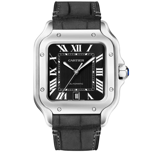 Santos — square case, black dial, grey leather strap, front view