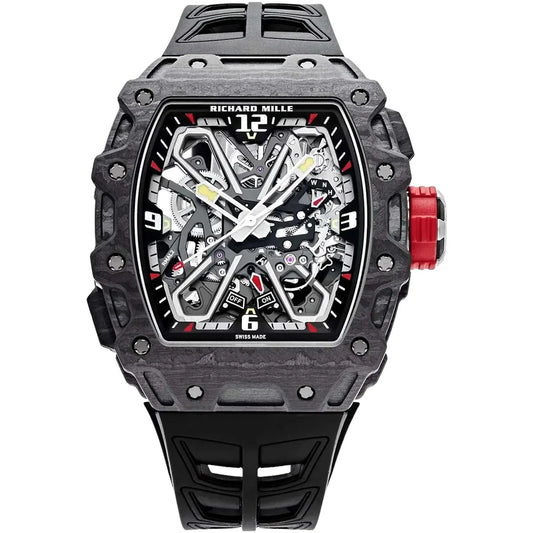 RM35-03 Rafa — tonneau case, skeleton dial, front view