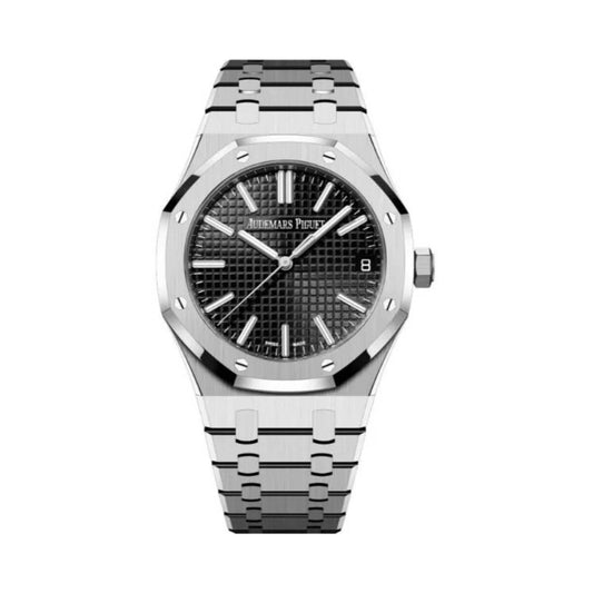 Royal Oak — steel case, black tapisserie dial, front view