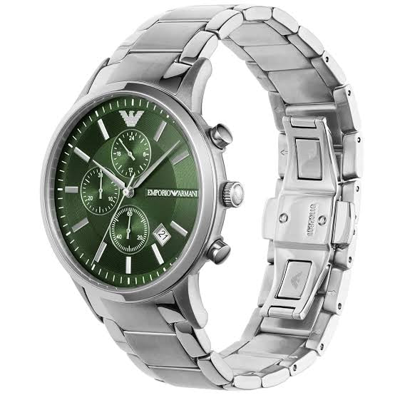 Emporio Armani green chronograph — dial and sub-dials close-up