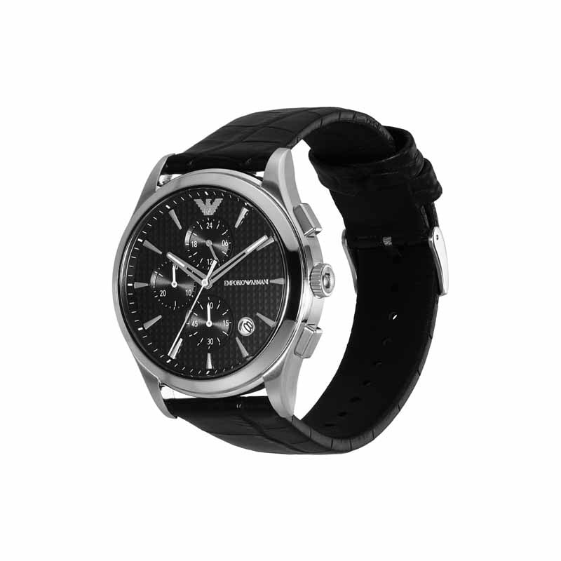 Emporio Armani chronograph — close view of the embossed eagle pattern on the dial