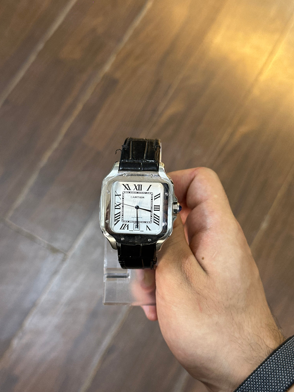 Santos, silver dial — dial and Roman numerals close-up