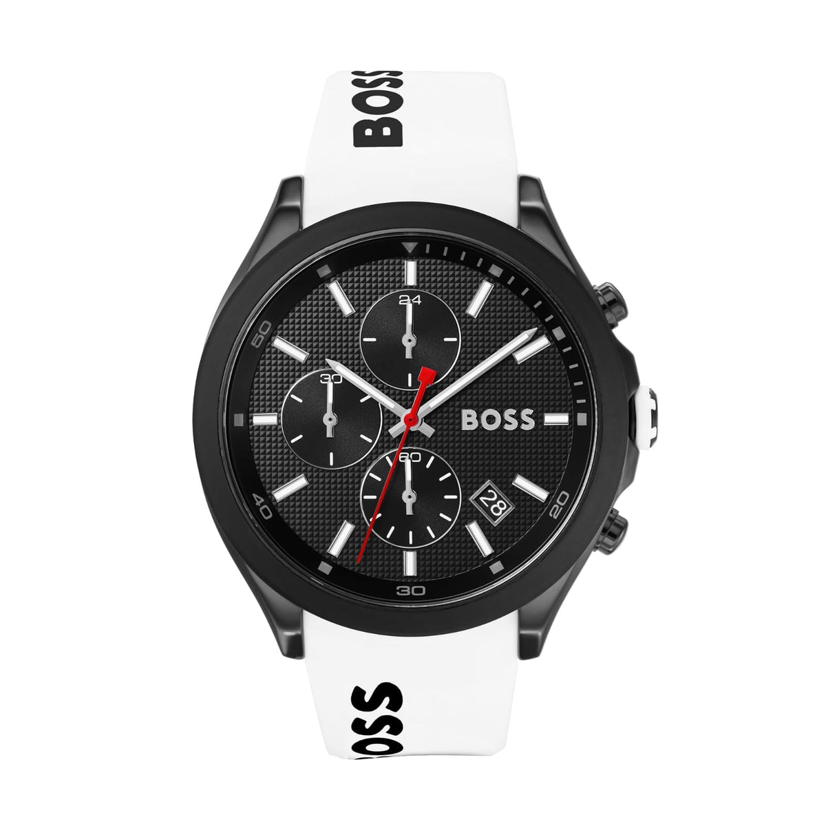 Hugo Boss chronograph — black case and dial on a white silicone strap, front view