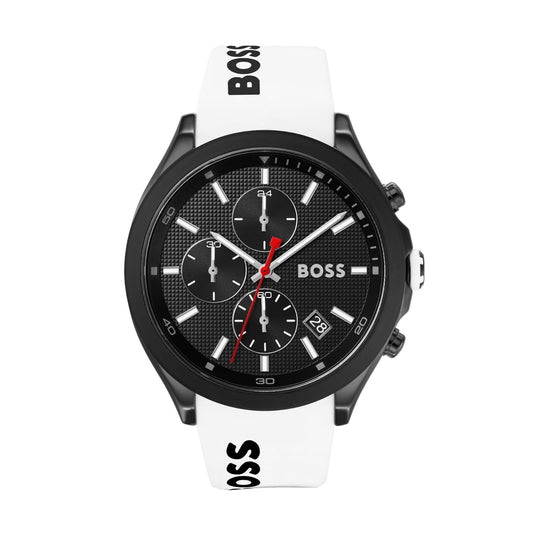 Hugo Boss chronograph — black case and dial on a white silicone strap, front view