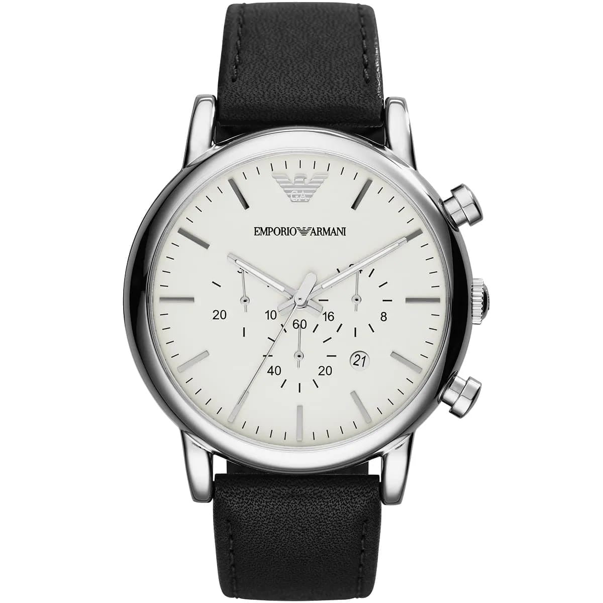 Emporio Armani chronograph — cream dial, steel case, black leather strap, front view