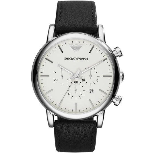 Emporio Armani chronograph — cream dial, steel case, black leather strap, front view