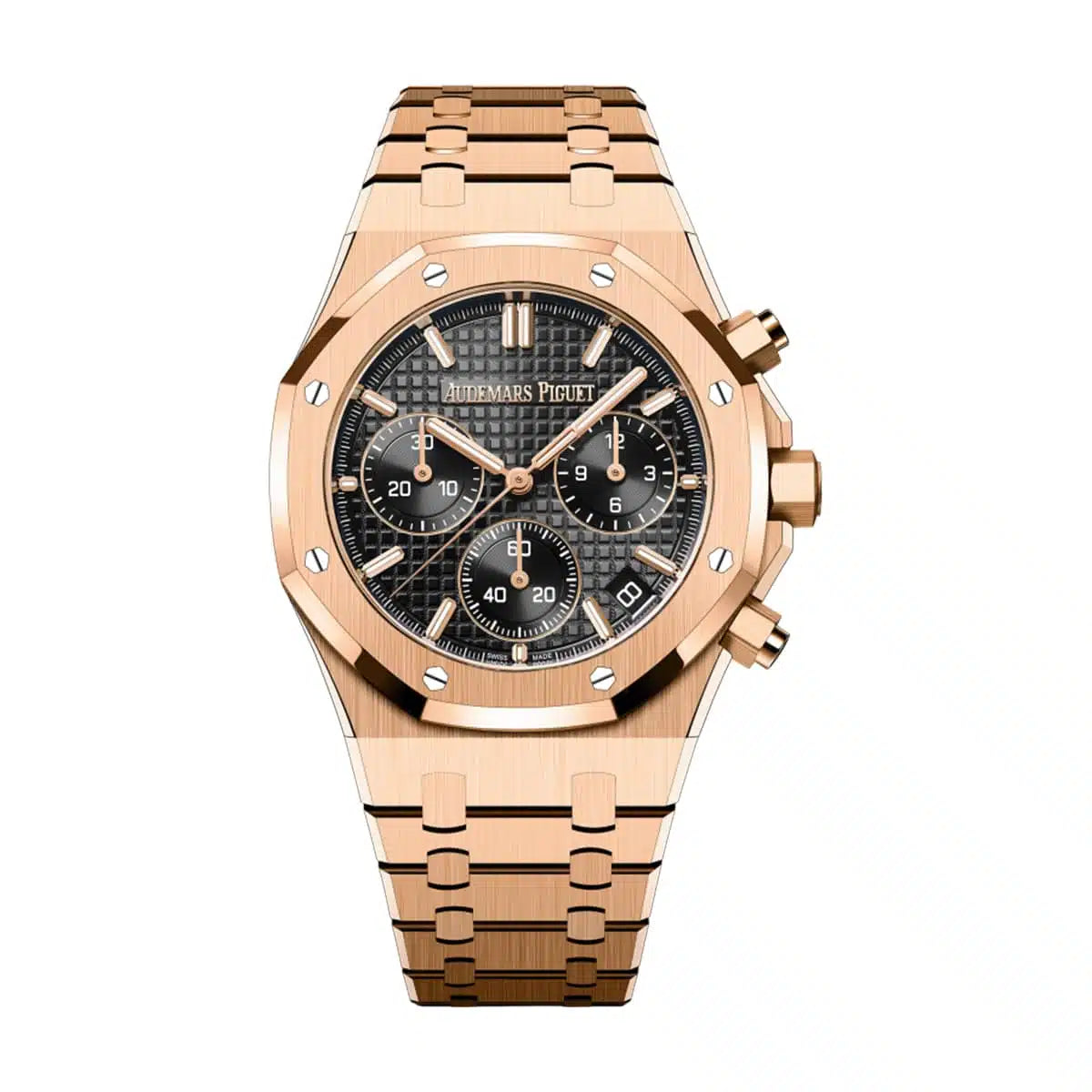 Royal Oak chronograph — rose gold case, grey dial, front view
