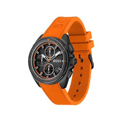 Hugo Boss watch with orange strap — dial and hands close-up