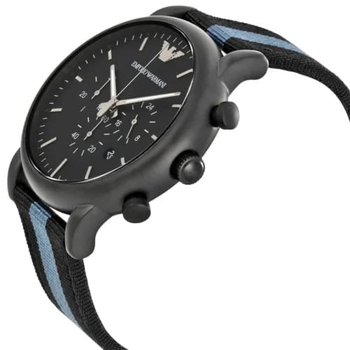 Emporio Armani chronograph, black — dial and three counters close-up