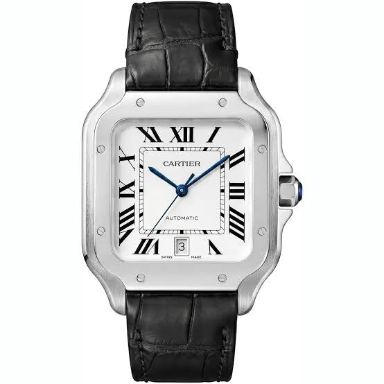 Santos — square case, silver dial, black leather strap, front view