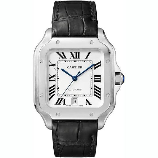 Santos — square case, silver dial, black leather strap, front view