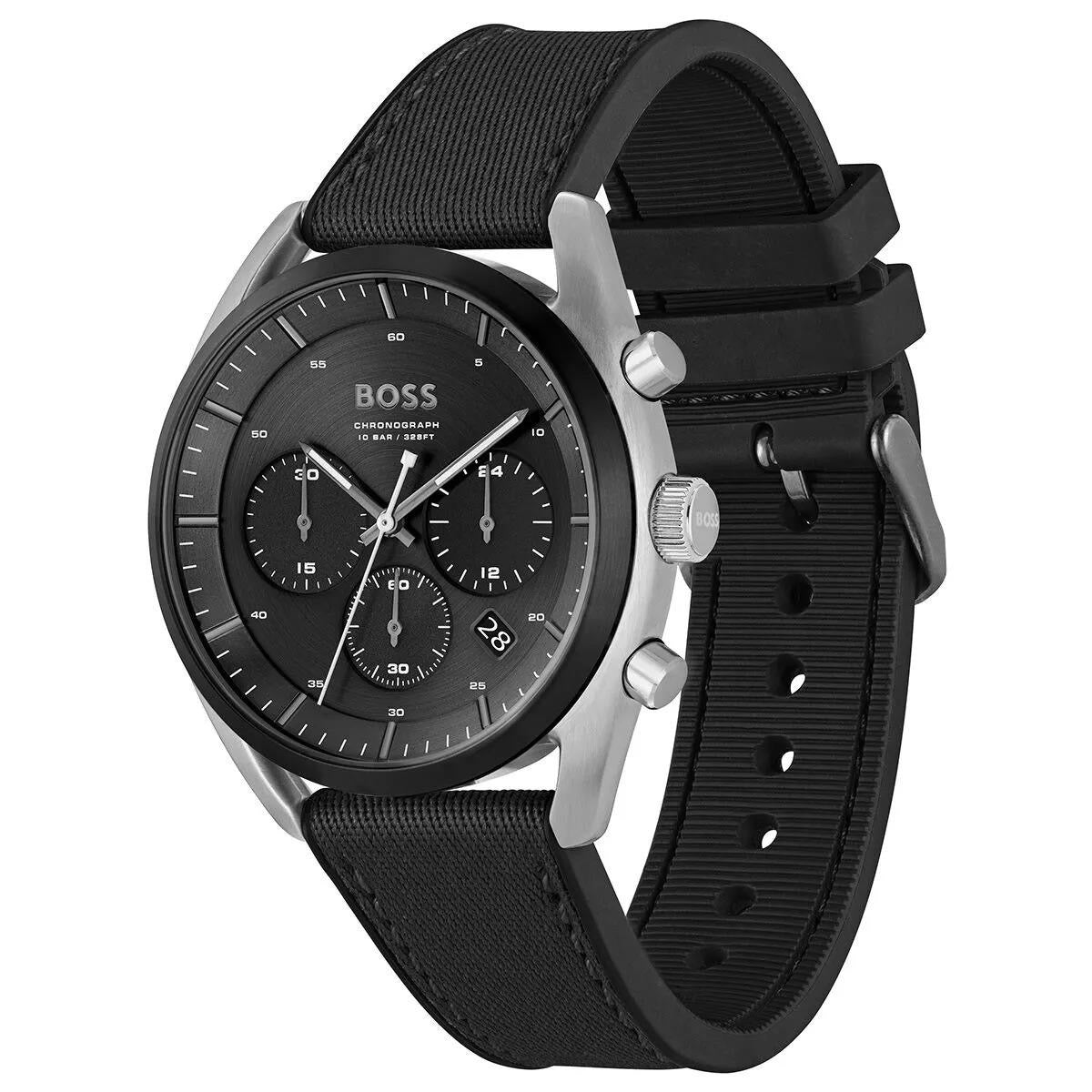 Hugo Boss chronograph, black dial — dial and three counters close-up