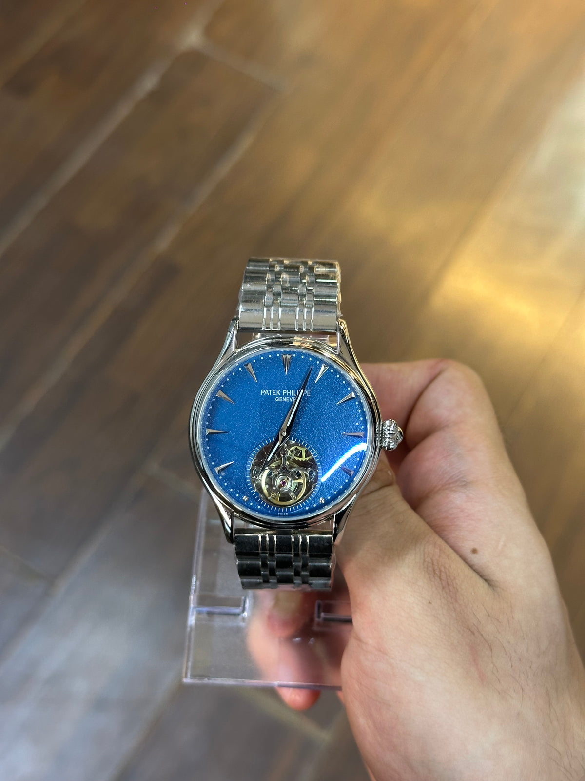 Dress watch, blue dial — dial and hands close-up