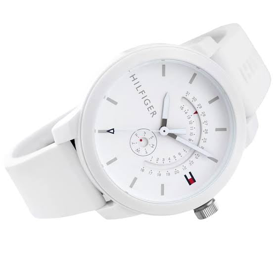 Tommy Hilfiger white watch — dial and hands close-up