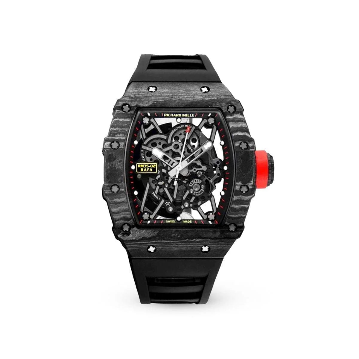 RM35-02 Rafael Nadal — tonneau case, skeleton dial, front view