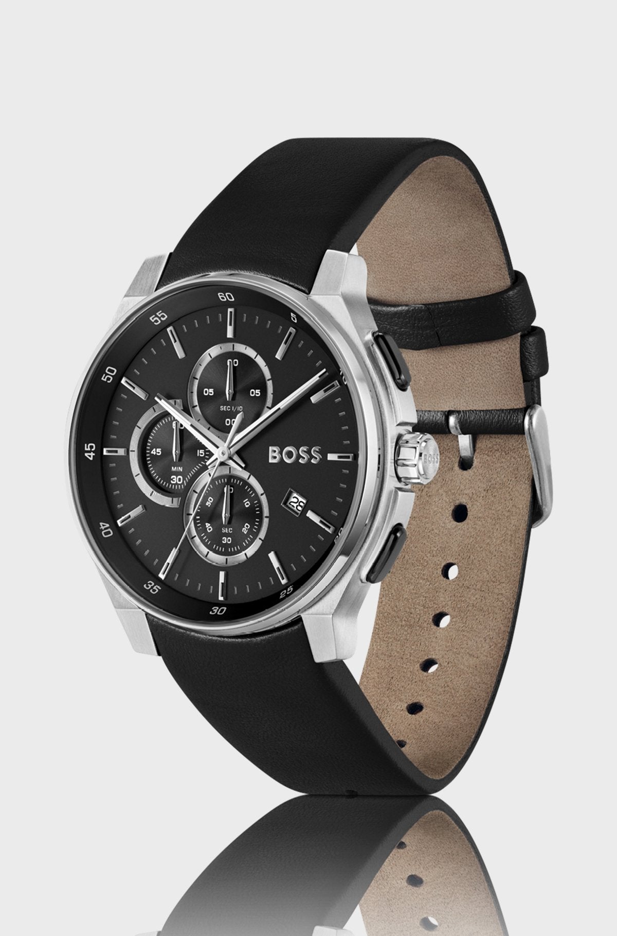 BOSS chronograph — dial and sub-dials close-up