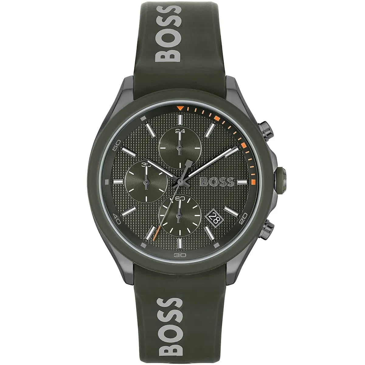Hugo Boss chronograph — army green case, dial and branded silicone strap, front view