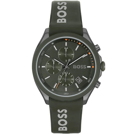 Hugo Boss chronograph — army green case, dial and branded silicone strap, front view