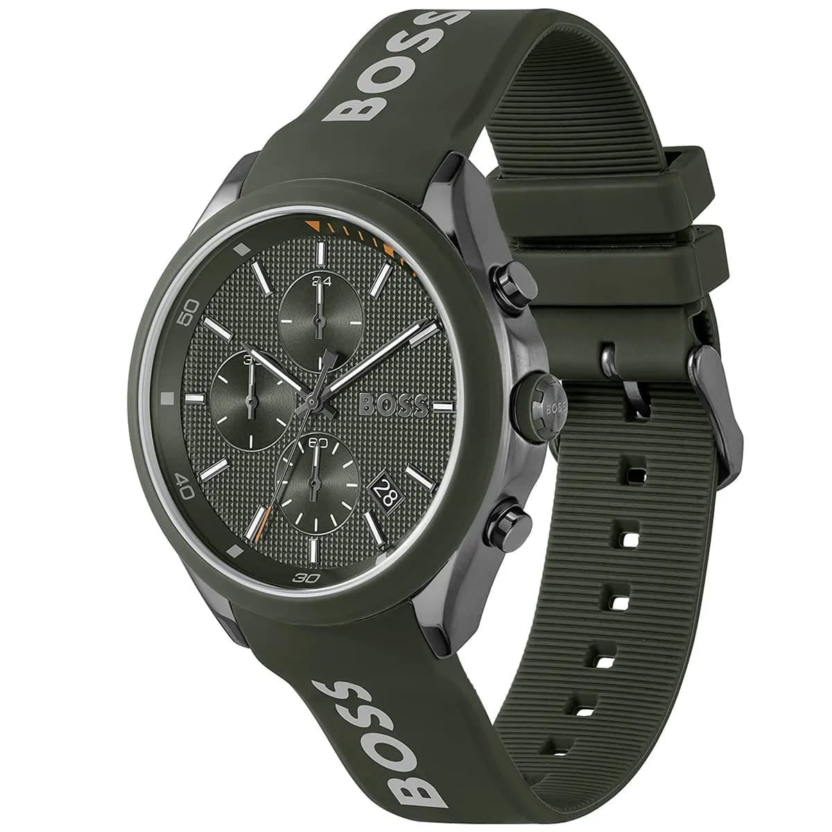 Hugo Boss chronograph, army green — grid-textured dial close-up