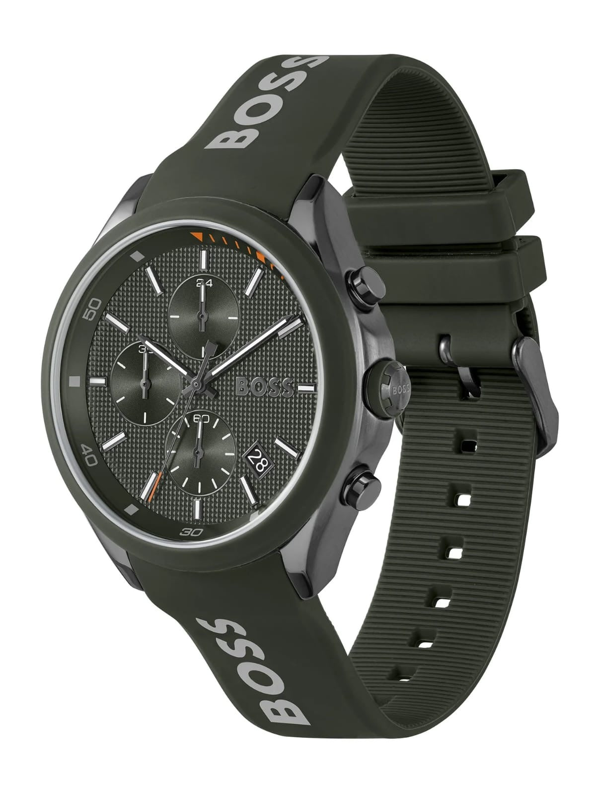 Hugo Boss chronograph, army green — BOSS printed along the silicone strap