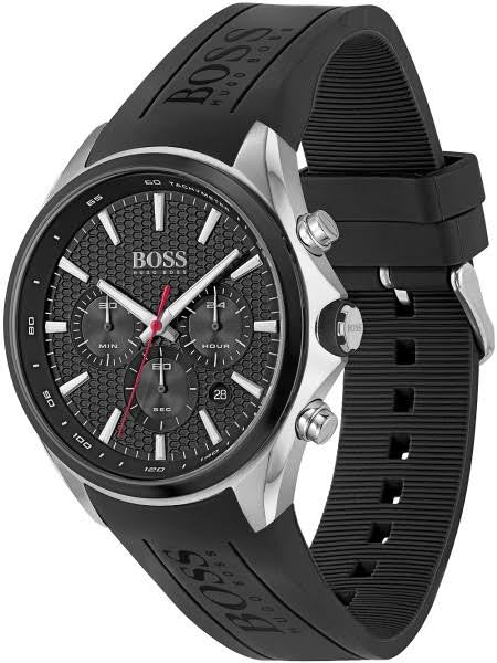 Hugo Boss black and silver watch — dial and hands close-up