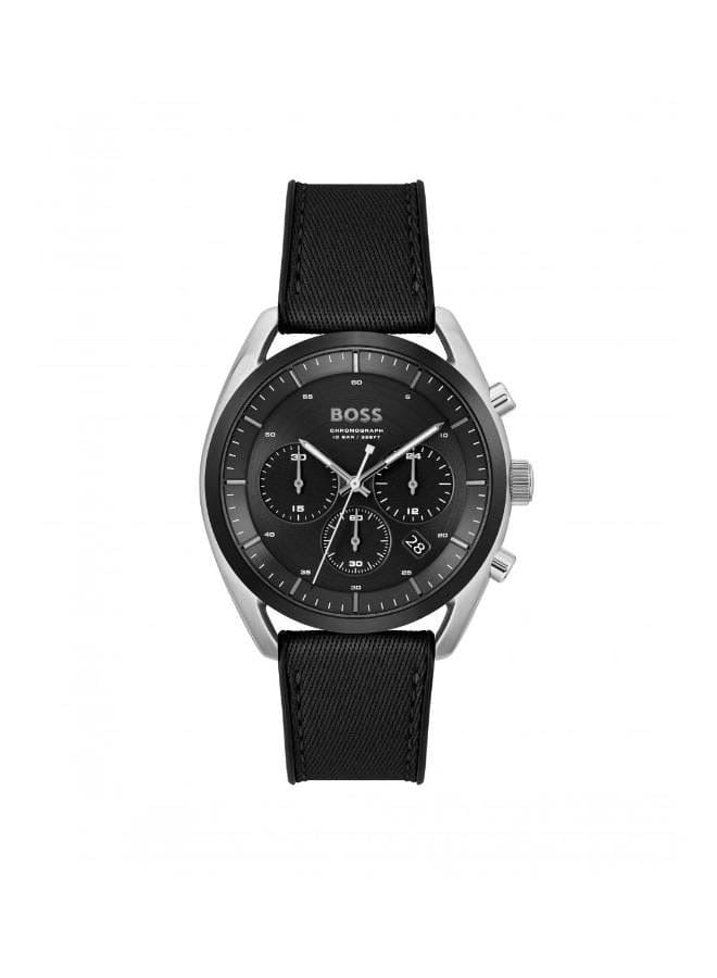Hugo Boss chronograph — black dial, steel case, black fabric strap, front view