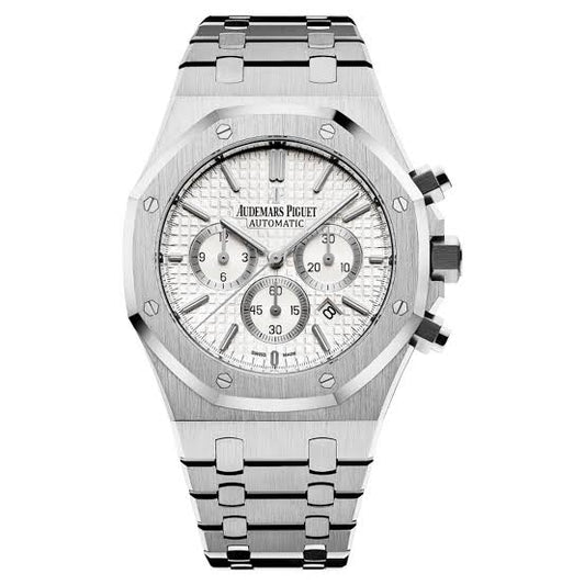 Royal Oak chronograph — steel case, white dial, front view
