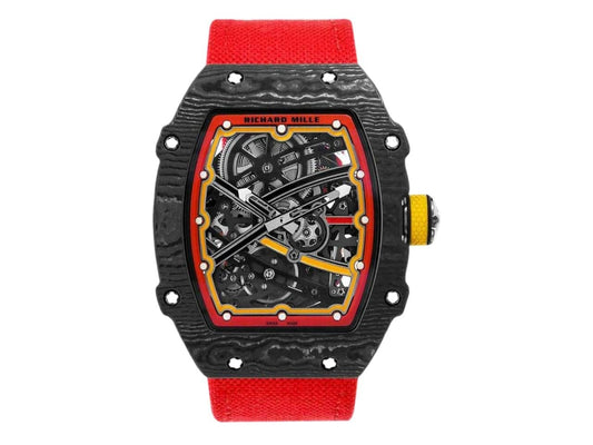 RM 67-02 — black carbon-look tonneau case, skeleton dial, red strap, front view