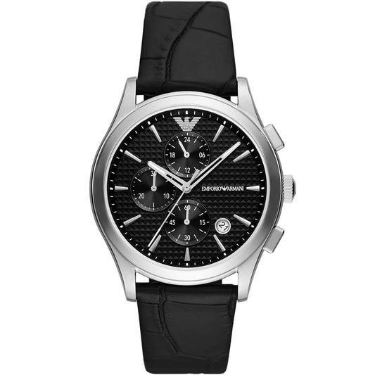 Emporio Armani chronograph — black embossed eagle dial, steel case, leather strap, front view