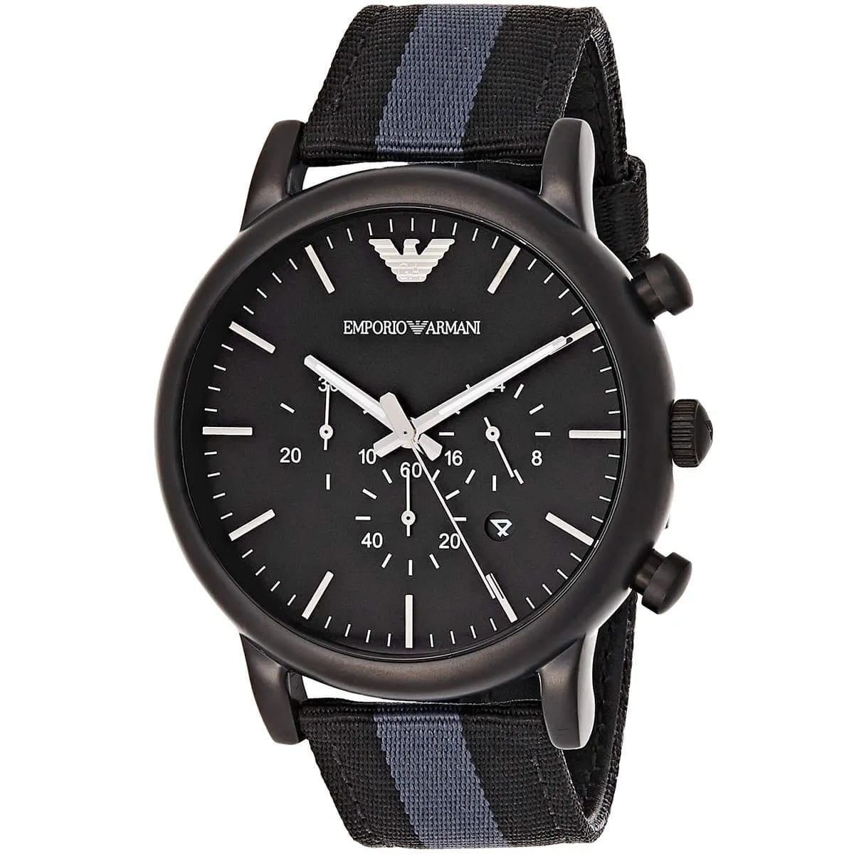 Emporio Armani chronograph — matte black case on a striped nylon strap, front view