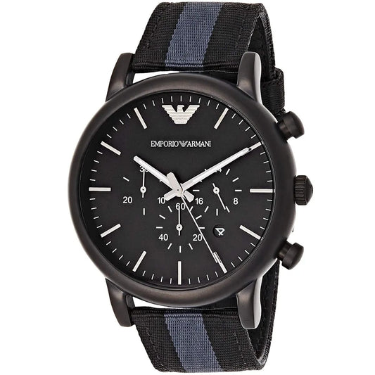 Emporio Armani chronograph — matte black case on a striped nylon strap, front view