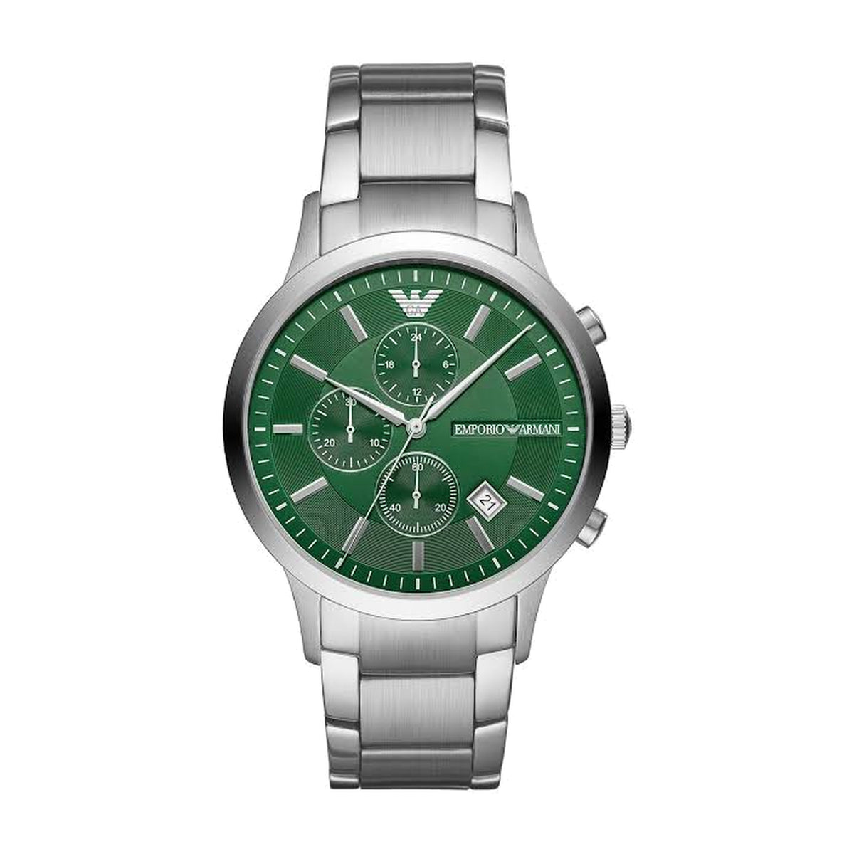 Emporio Armani green dial chronograph watch on white