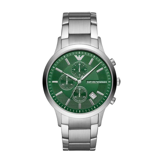 Emporio Armani green dial chronograph watch on white