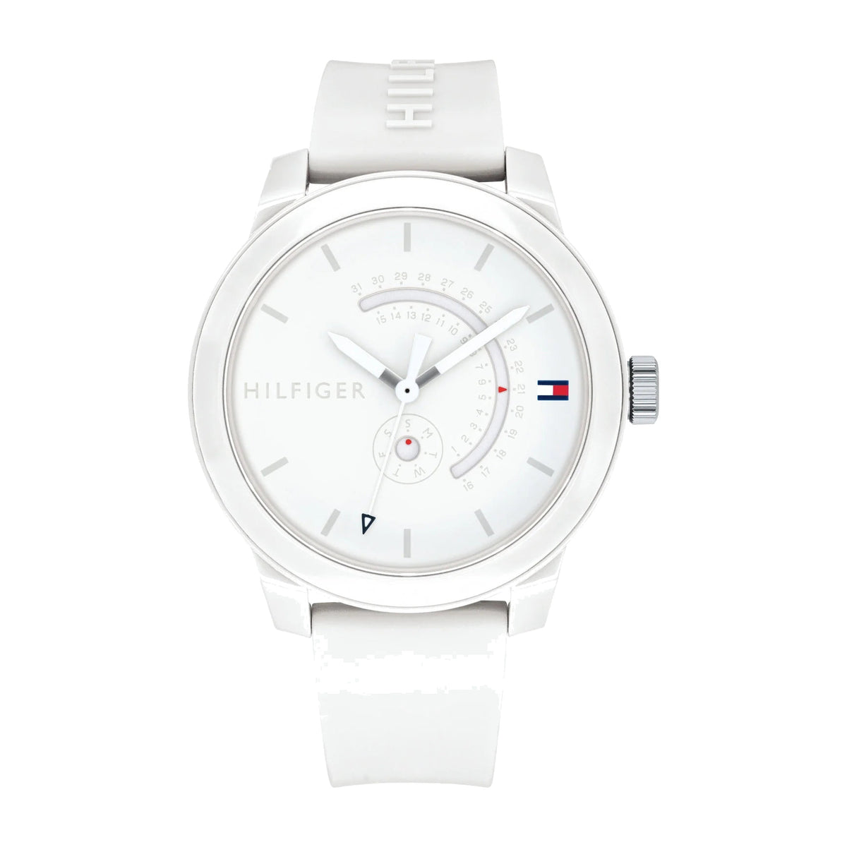 Tommy Hilfiger white watch — white silicone strap, front view