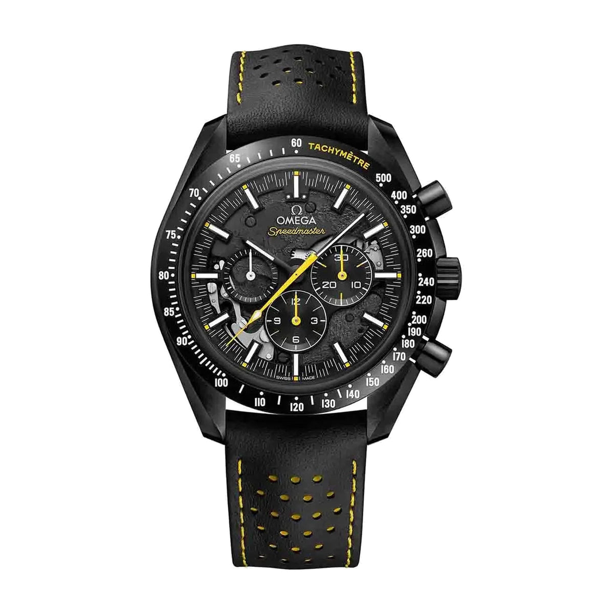 Speedmaster Dark Side of the Moon — black ceramic case, front view