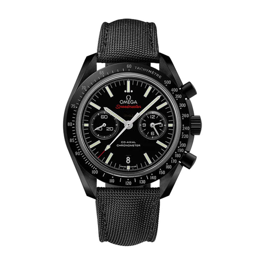 Speedmaster — steel case, black dial, front view