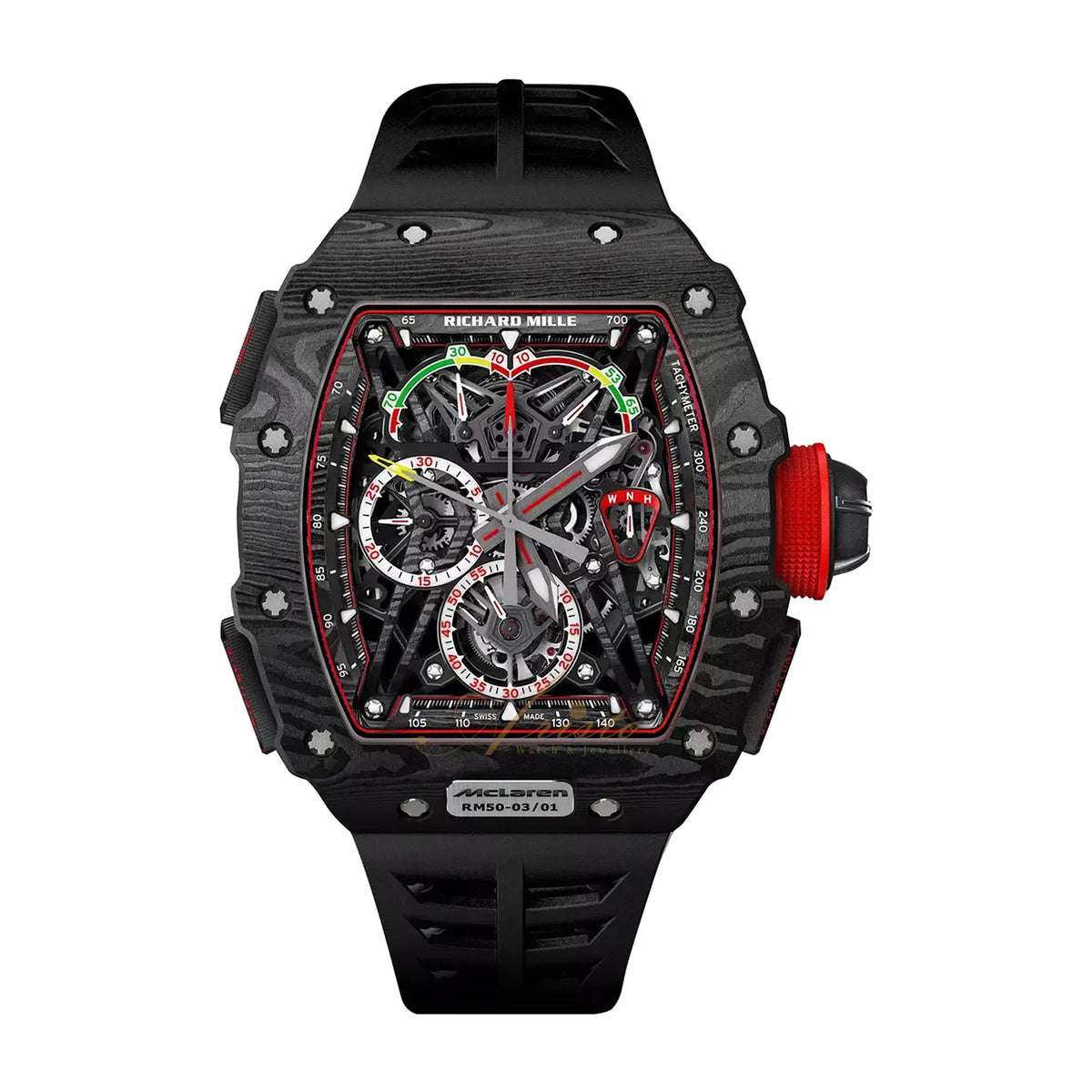 RM50-03 McLaren F1 — tonneau case, skeleton dial, front view